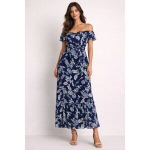 Lauren Ralph Lauren Blue & White Floral Tiered Off The Shoulder Maxi Dress, 16**
